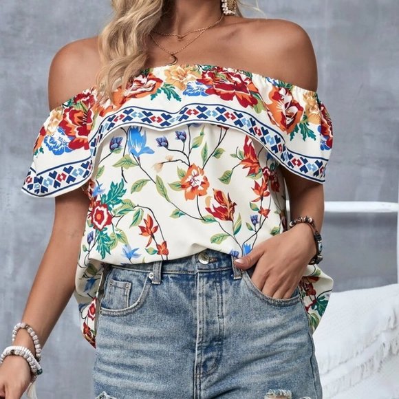 Boho Floral Off Shoulder Ruffle Trim Blouse Top Multi color - Picture 6 of 7